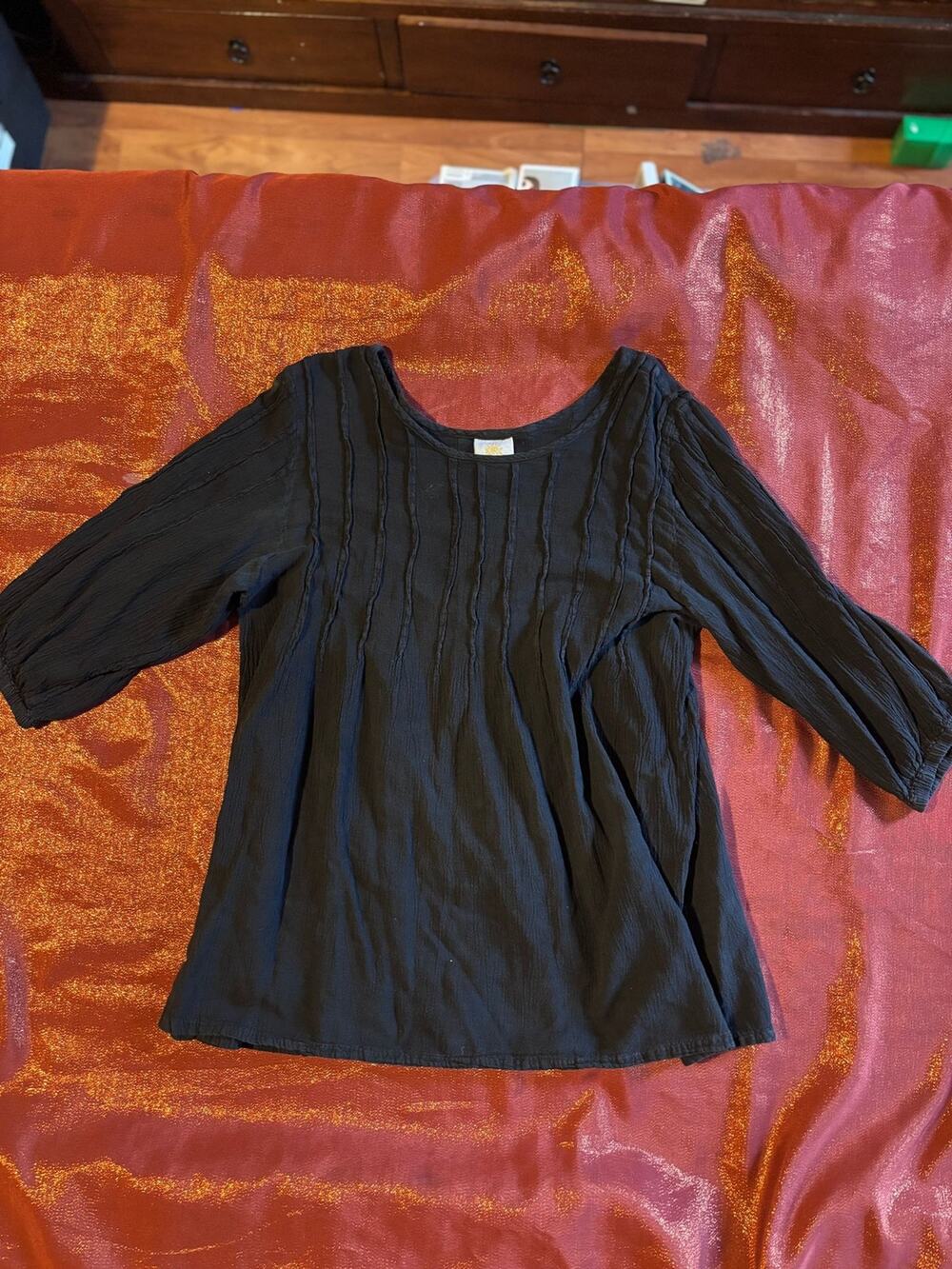 Dunes Blouse Womens S Black 3/4 Sleeve Pintuck Relaxed Cotton Top Boho Peasant